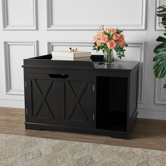 HLR Cat Litter Boxes Furniture, Enclosure Flip-Top Covered Hidden Litter Box,Wooden Cat Washroom Cabinet for Kitty, Medium and Large Cat Black
