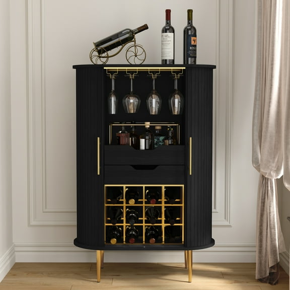 HLR Coffee Bar Cabinet with Tambour Door: Wine Rack, Glass Holder, & Storage Buffet for Home & Living Room Black