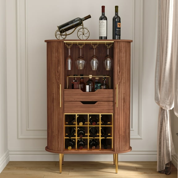 HLR Coffee Bar Cabinet with Tambour Door: Wine Rack, Glass Holder, & Storage Buffet for Home & Living Room Brown