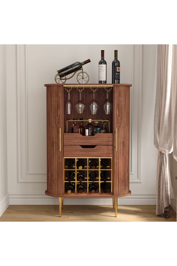 Coffee Bar Cabinet with Tambour Door: Wine Rack, Glass Holder, & Storage Buffet for Home & Living Room Brown