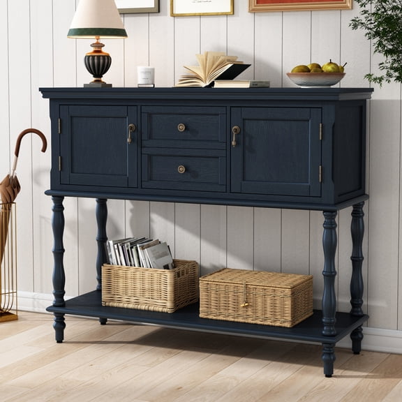 HLR Console Table with 2 Drawers, Retro Entryway Table with 2 Door Cabinets and Open Storage Shelf, Navy Blue