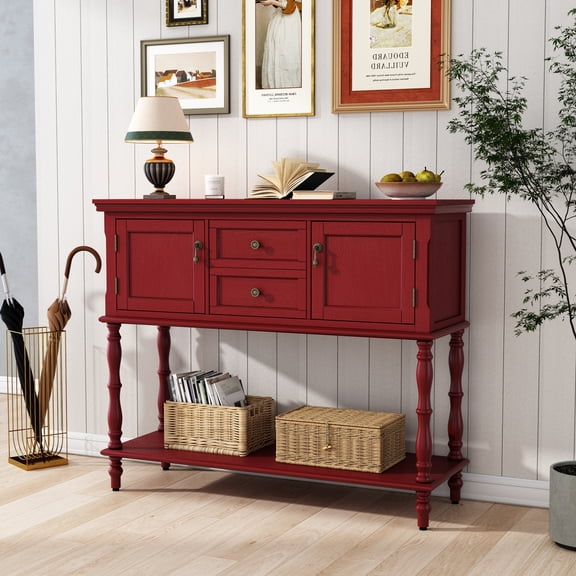 HLR Console Table with 2 Drawers, Retro Entryway Table with 2 Door Cabinets and Open Storage Shelf, Red