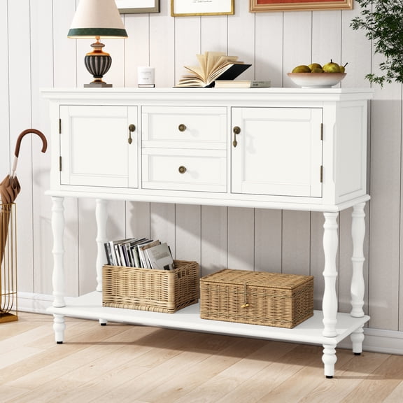 HLR Console Table with 2 Drawers, Retro Entryway Table with 2 Door Cabinets and Open Storage Shelf, White