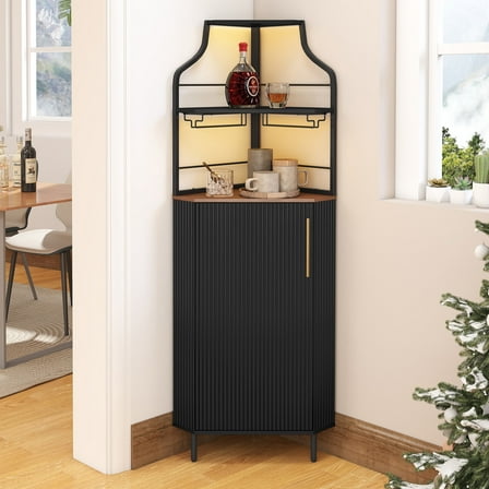 HLR Corner Coffee Bar Cabinet with LED Strip, 4-Tiers Modern Tall Liquor Cabinet with Wine Rack for Dining Room, Black