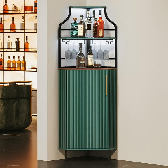 HLR Corner Coffee Bar Cabinet with LED Strip, 4-Tiers Modern Tall Liquor Cabinet with Wine Rack for Dining Room, Green