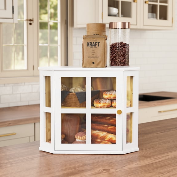 HLR Double Layer Bamboo Bread Box for Kitchen Counter, Large Capacity Bread Storage Bin with Acrylic Door, White