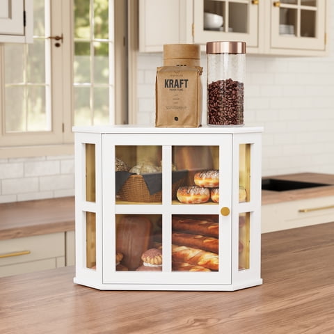 HLR Double Layer Bamboo Bread Box for Kitchen Counter, Large Capacity Bread Storage Bin with Acrylic Door, White