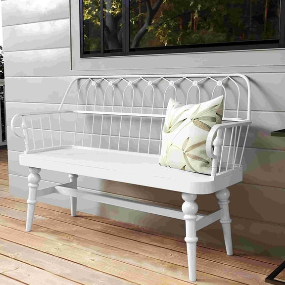 HLR Entryway Bench, Farmhouse Wood Dining Bench with Spindle Back, White