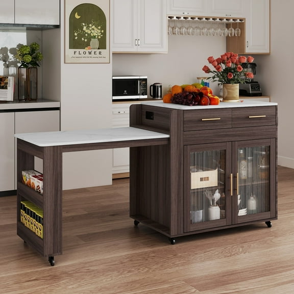HLR Extendable Kitchen Island with Power Outlet, Dining Table Cart on Wheels with Storage, Brown