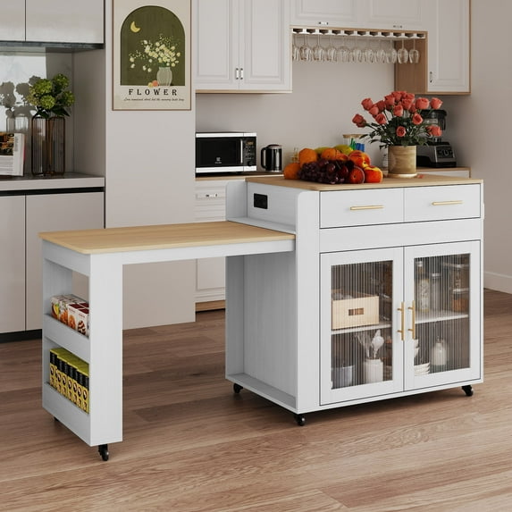 HLR Extendable Kitchen Island with Power Outlet, Dining Table Cart on Wheels with Storage, White
