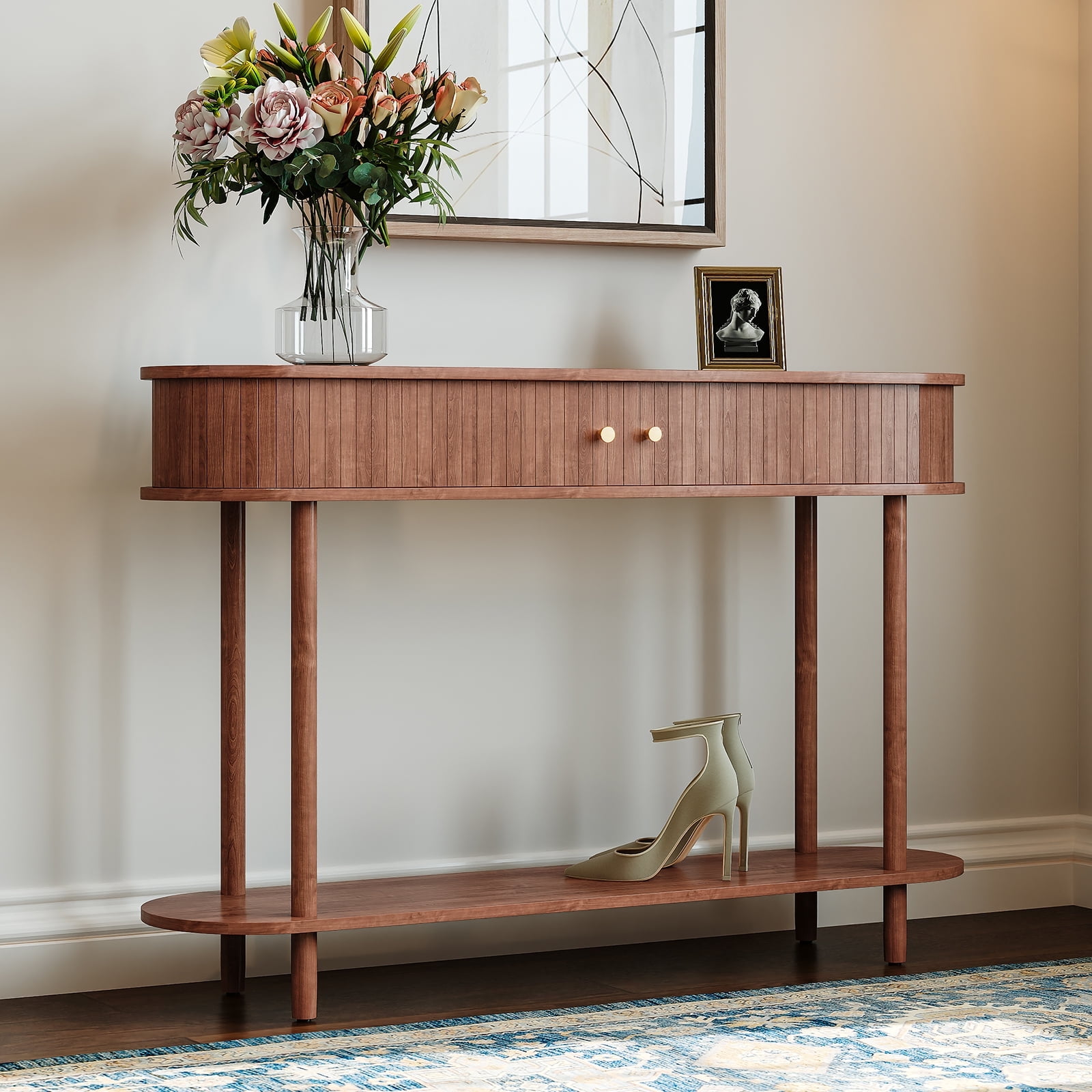 HLR Mid Century Sofa Entryway Table, Console Table with Tambour Sliding Door for Living Room Hallway, Brown