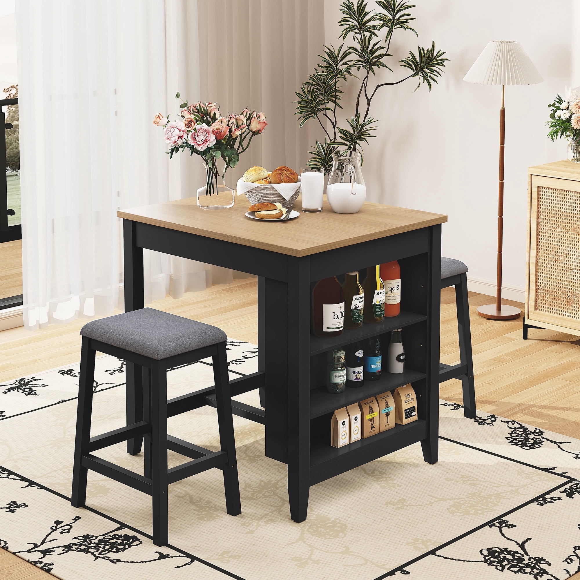 HLR Farmhouse Dining Table Set for 2, Small Kitchen Table Chairs Set of 2 with Tufted for Apartment, Black