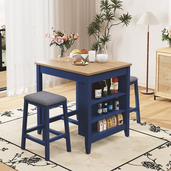 HLR Farmhouse Dining Table Set for 2, Small Kitchen Table Chairs Set of 2 with Tufted for Apartment, Blue