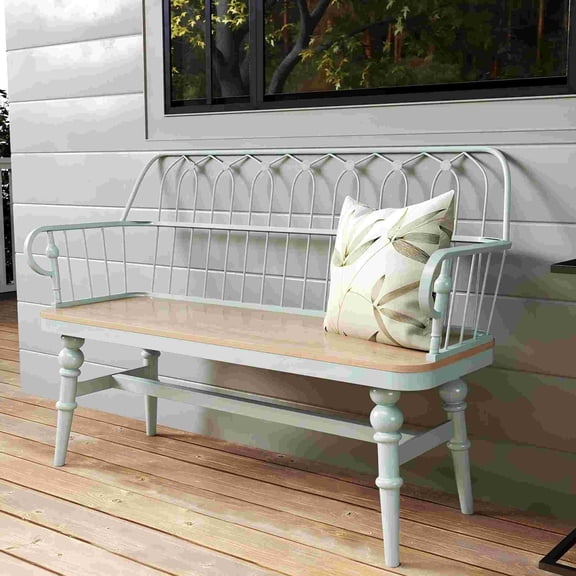 HLR Farmhouse Entryway Bench, Spindle Back Support Wood Dining Benches for Living Room, Mudroom, Green