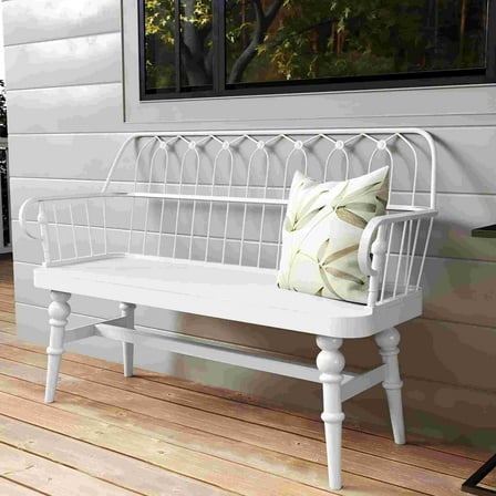 HLR Farmhouse Entryway Bench, Spindle Back Support Wood Dining Benches for Living Room, Mudroom, White