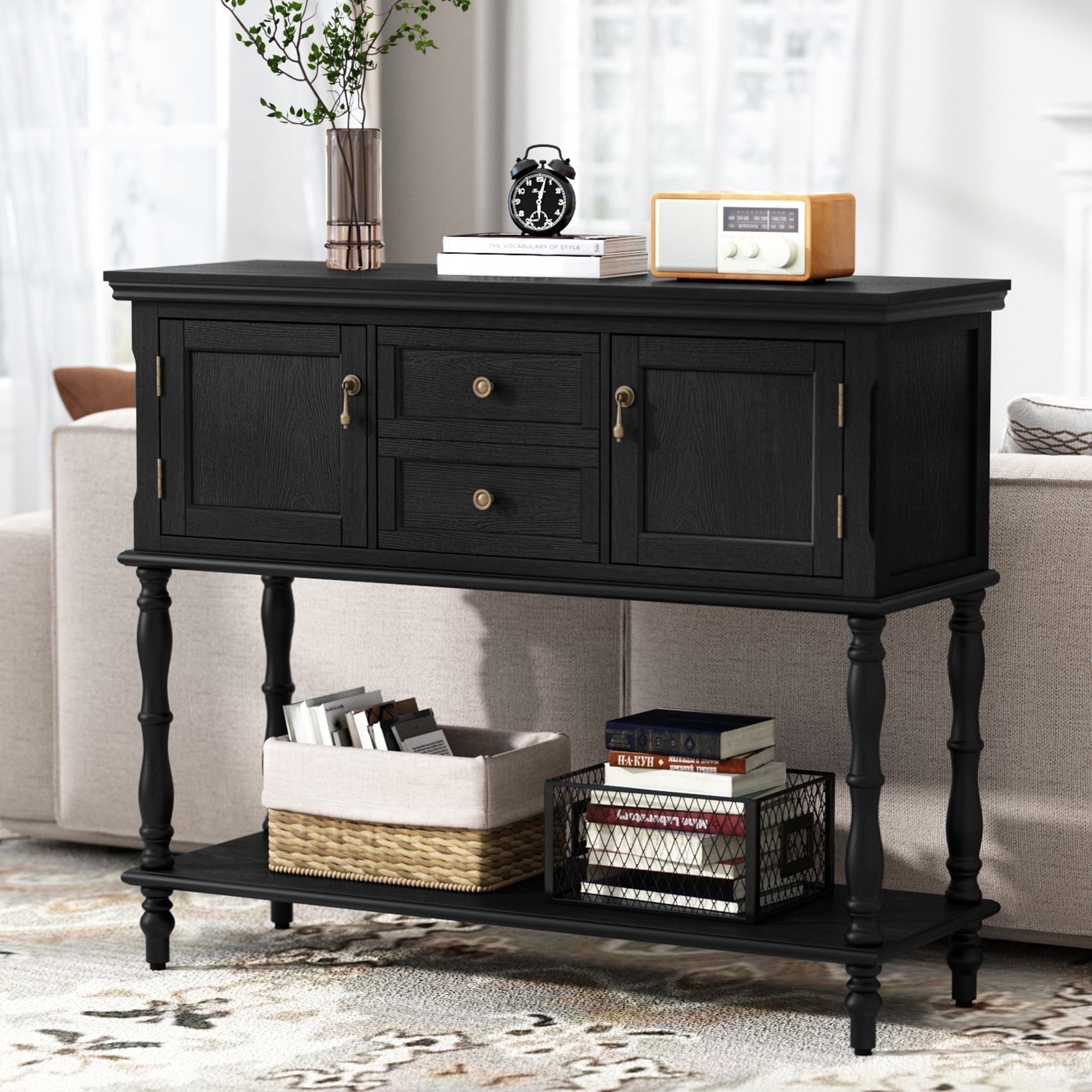 HLR 42" Farmhouse Modern Console Table, Entryway Table with Storage Shelf for Living Room, Black
