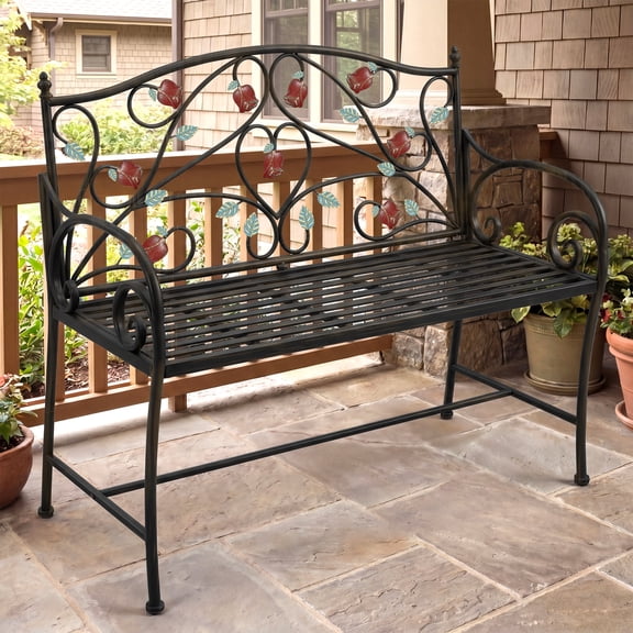 HLR Farmhouse Outdoor Bench with Rose Pattern, 41.7'' Metal Frame Patio Garden Chair Cast Iron, Black