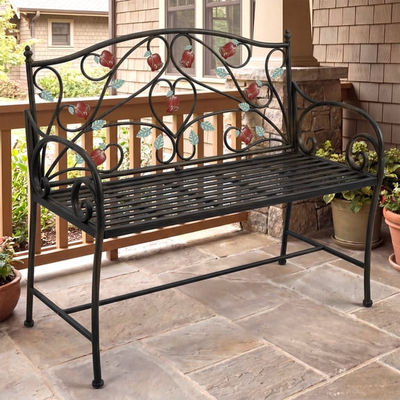HLR Farmhouse Outdoor Bench with Rose Pattern, 41.7'' Metal Frame Patio Garden Chair Cast Iron, Black