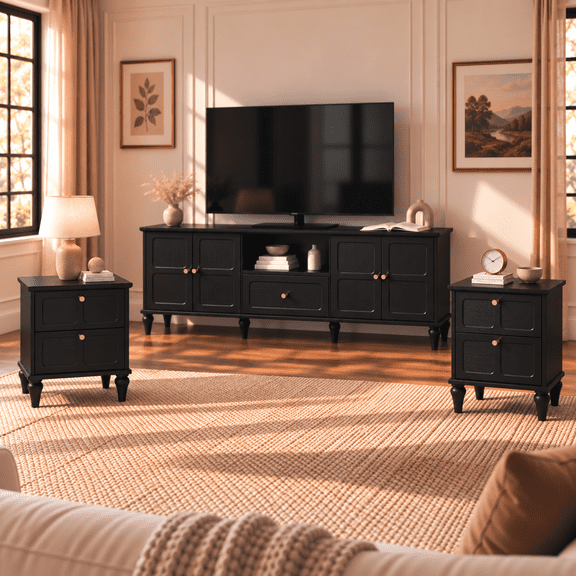 HLR 3-Piece Living Room Furniture Set, Farmhouse TV Stand and 2 Side Tables, Wood, Black