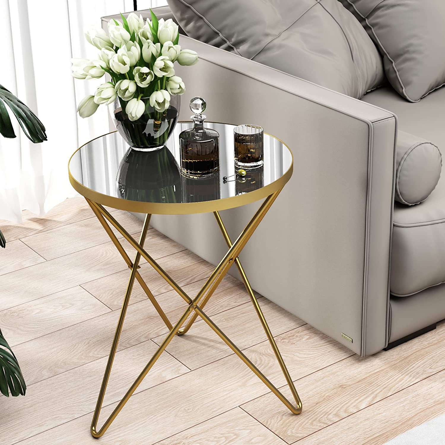 HLR Gold Side Table with Mirror Desktop, Round Side Table with Gold
