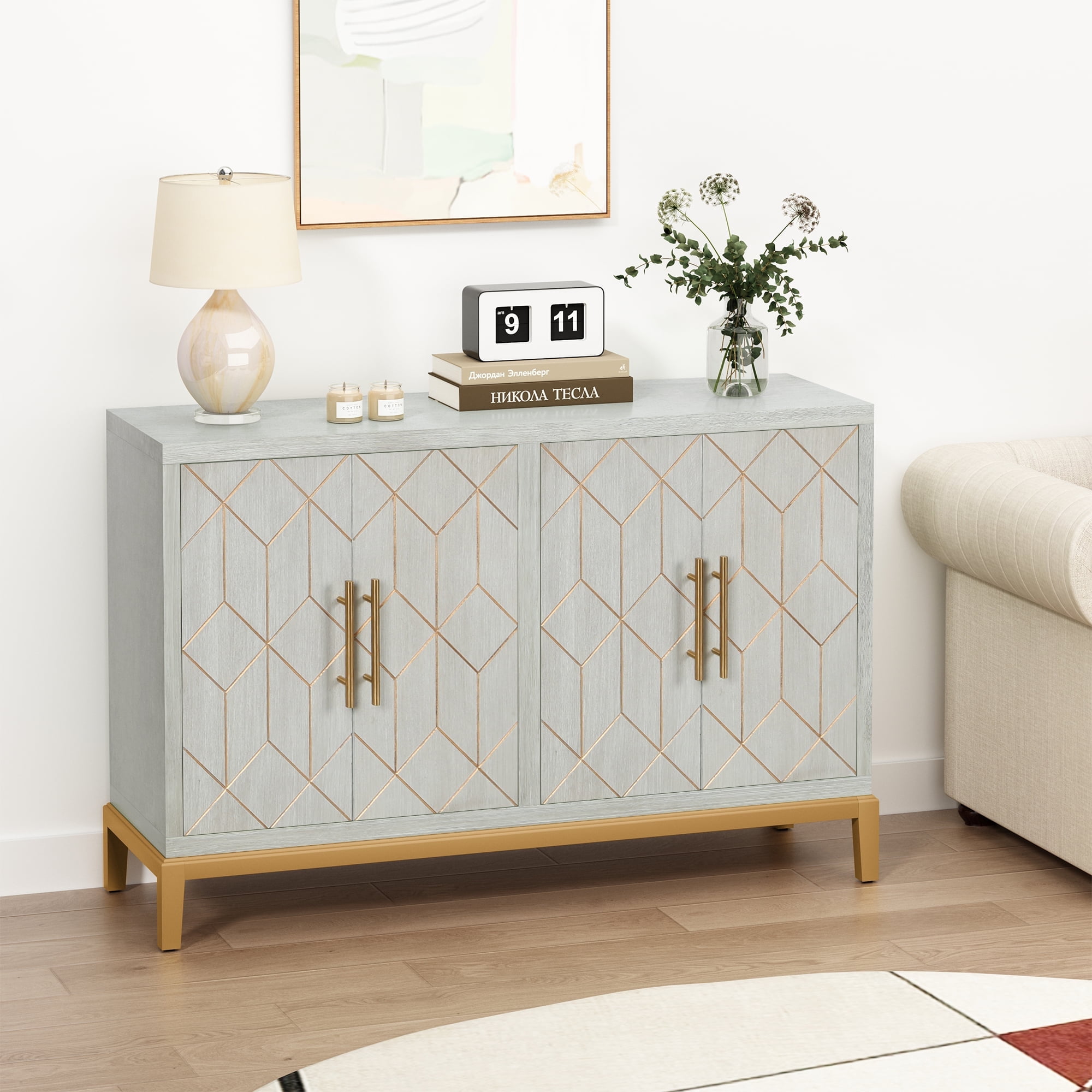 HLR Solid Wood Furniture Buffet Green Accent Cabinet with Gold Trim 4 Door Storage Sideboard Walmart