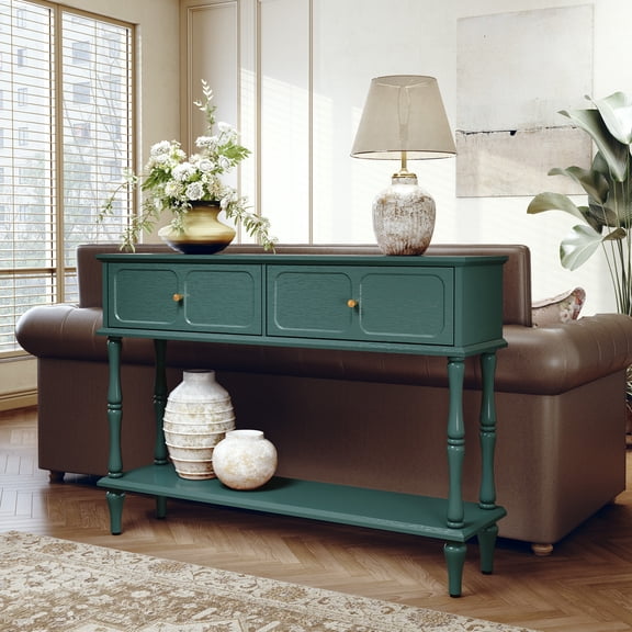 HLR Green Mid-Century Console Table for Entryway with 2 Drawers & Open Shelf, Sofa Table, Foyer, Hallway