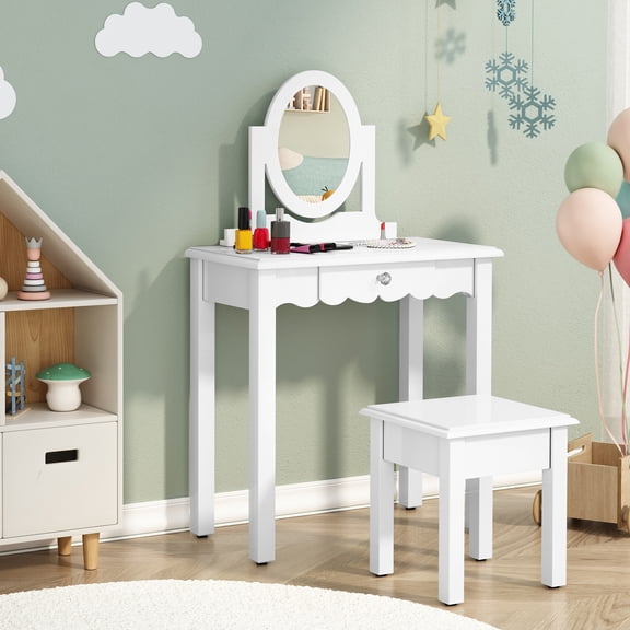 HLR Kids Vanity, 2 in 1 Princess Makeup Desk & Chair Set with Detachable Mirror, Drawer, Wooden Pretend Play Dressing Table for Girls, White