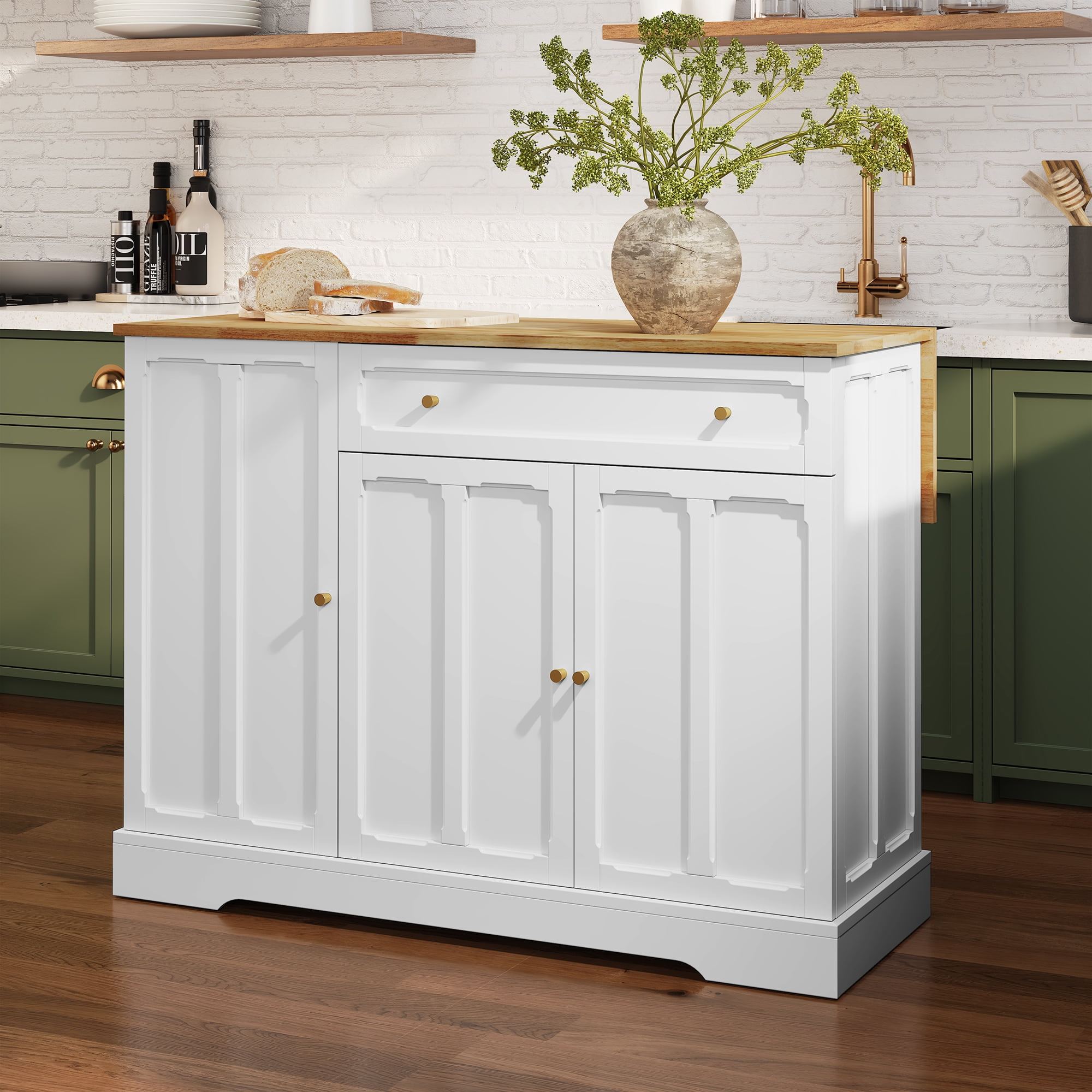 HLR Kitchen Island with Storage Cabinet & Drop Leaf, Dining Cart on ...