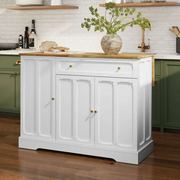 HLR Kitchen Island with Storage Cabinet & Drop Leaf, Dining Cart on Wheels, Modern Rolling Sideboard Buffet Cabinet, White