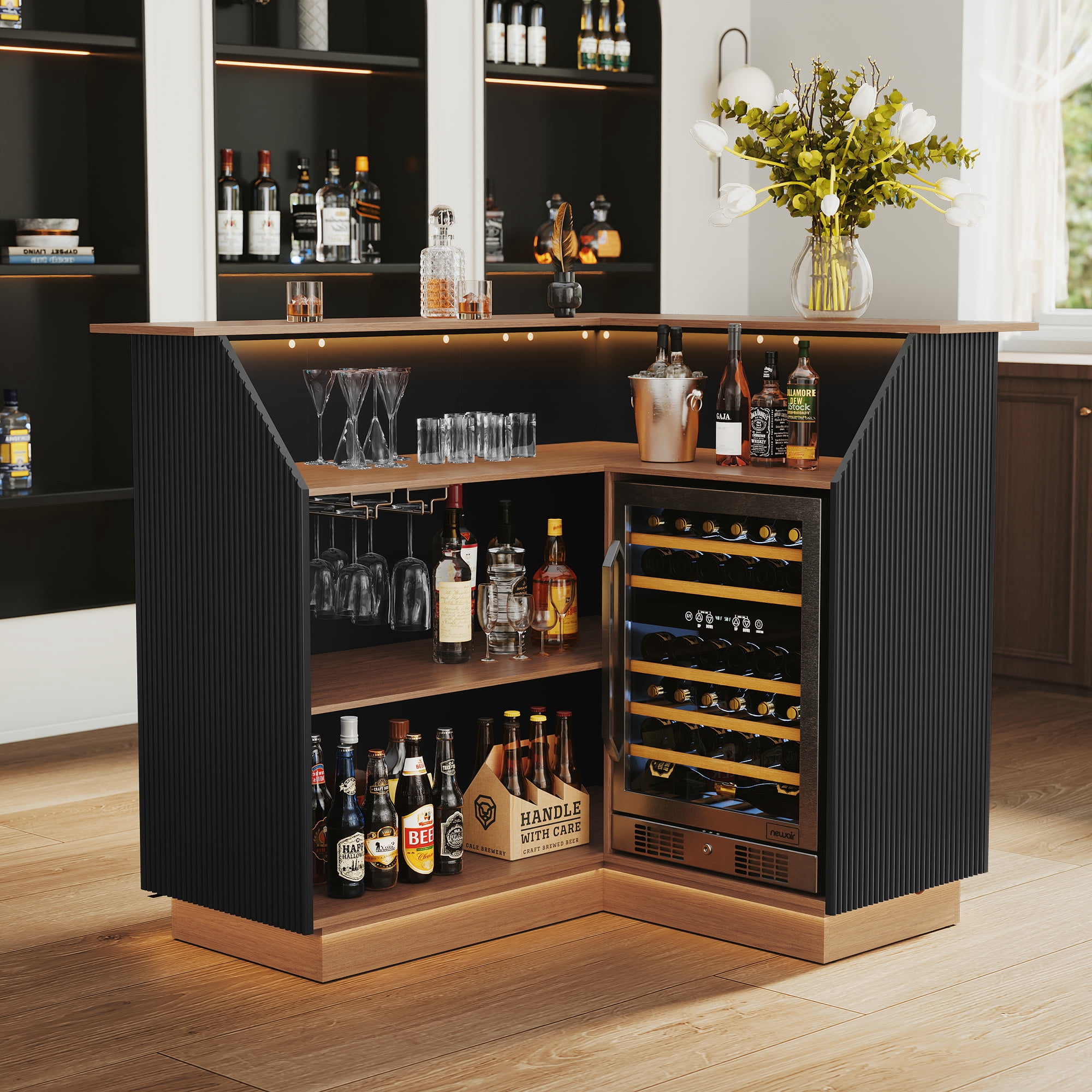 HLR L-Shaped Home Bar Cabinet with Fridge Space, 4-Tier Corner Bar Unit Wine Cabinet with Storage, Black