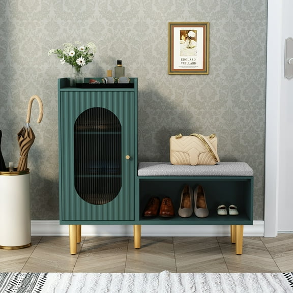 HLR Modern L-Storage Entryway Bench, Changing Shoe Benches for Entryway Living Room, Green