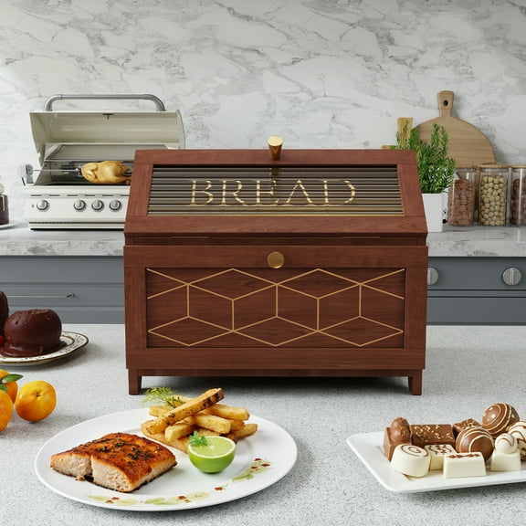 HLR Large Bread Box, Wood 2-layer Bread Box Storage for Kitchen Counter, with Bar Pattern Windows, Brown