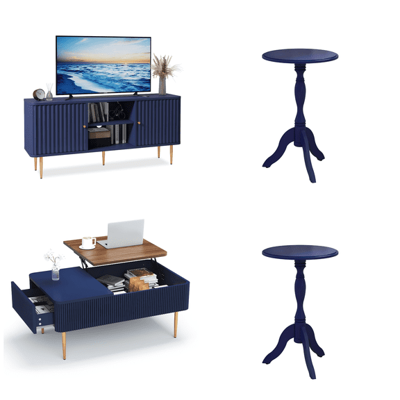 HLR Living Room Table Sets 4 Piece with TV Stand, Modern TV Stand for 65 Inch TV, 39" Coffee Table with Drawers, Two End Tables, Blue