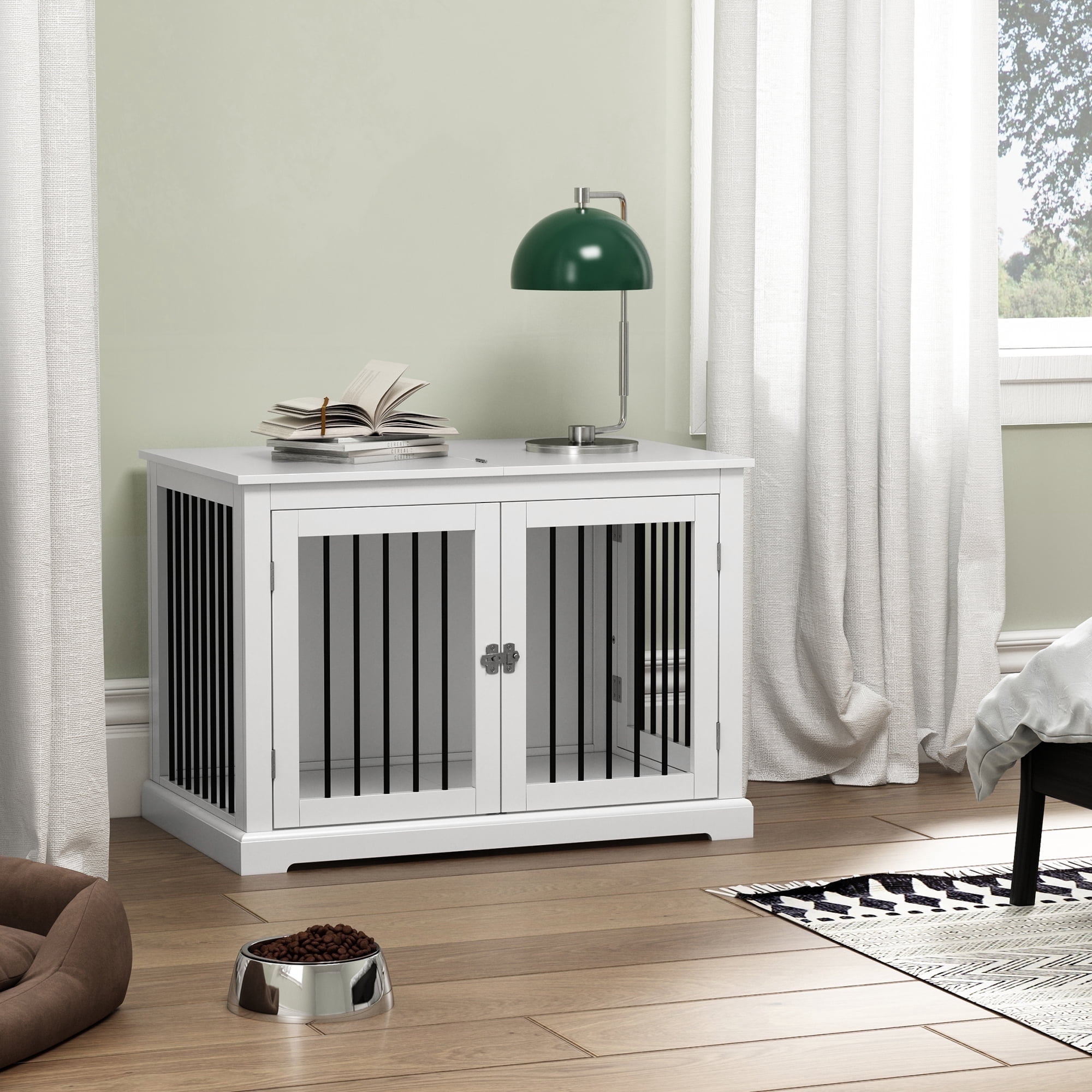 HLR Furniture Style Dog Crate with Cushion, Dog Kennel Medium, Pet Crates, Dog Cage for Small and Medium Dogs, Decorative Dog Kennel with Flip-top Plate, Chew-Proof Metal Bars, White