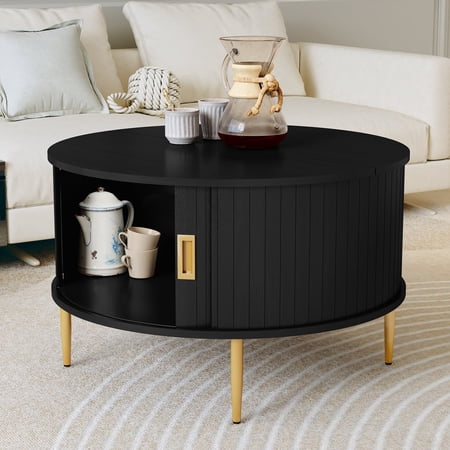 HLR Mid Century 31.5" Round Coffee Table with Sliding Tambour Door, Drum Center Table with Storage for Living Room, Black