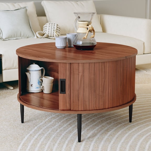 HLR Mid Century 31.5" Round Coffee Table with Sliding Tambour Door, Drum Center Table with Storage for Living Room, Brown