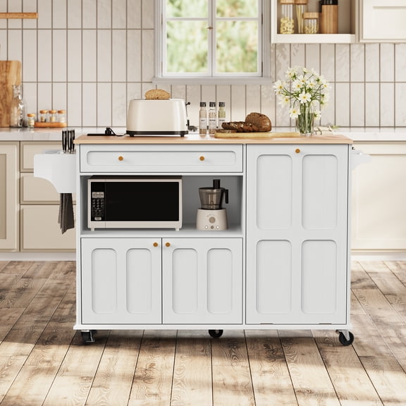 HLR Mid-Century 60" Kitchen Island with Trash Can Storage, Rolling Island Table, White