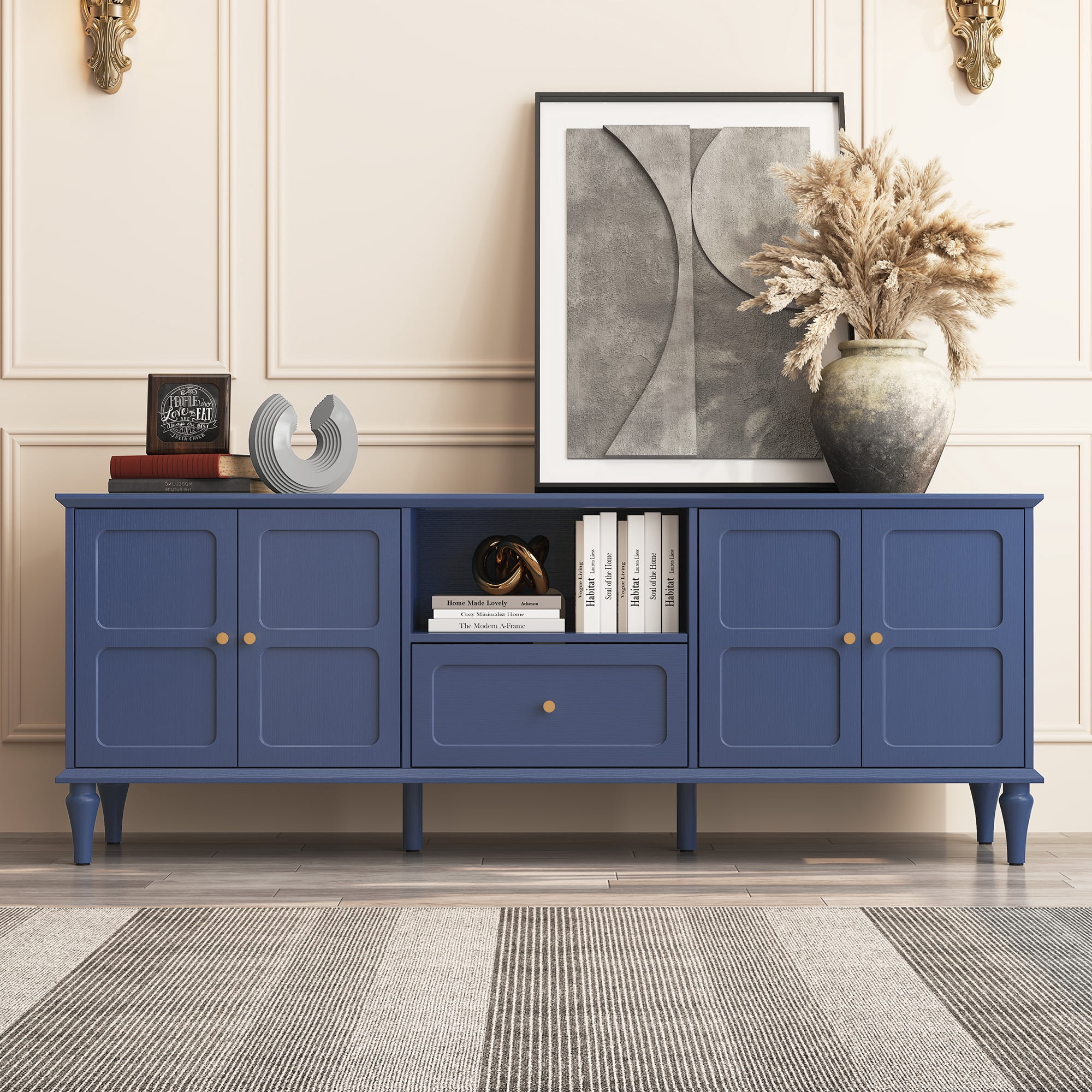 HLR Mid Century 67" TV Stand, for TVs up to 75", Living Room Entertainment Center with 4 Door Storage Cabinet, Navy Blue