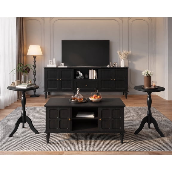 HLR 4-Piece Living Room Table Set, Mid-Century, 67-Inch TV Stand, 39-Inch Coffee Table, 2 End Tables, Black