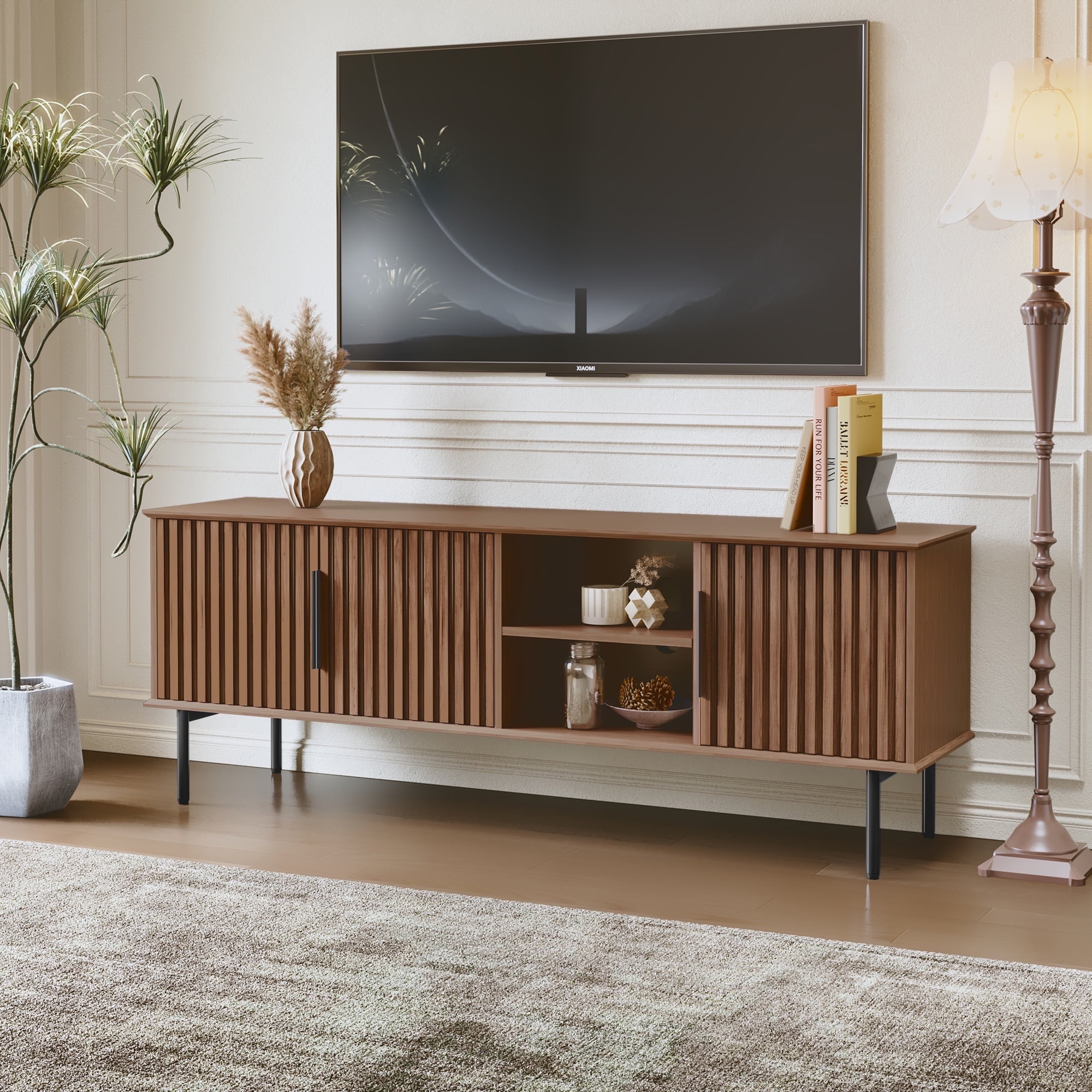 HLR Mid Century Fluted 66" TV up to 75" Stand with Storage, Modern Wooden Entertainment Center Console for Living Room, Brown