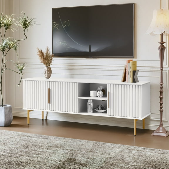 HLR Mid Century Fluted 66" TV up to 75" Stand with Storage, Modern Wooden Entertainment Center Console for Living Room, White