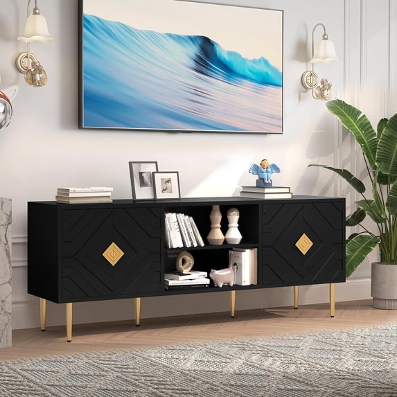 HLR Mid Century Modern TV Stand for 65/70/75 inch TV, Entertainment Center with Storage Cabinet, Embossed Pattern TV Stand, TV and Media Console for Living Room, Bedroom