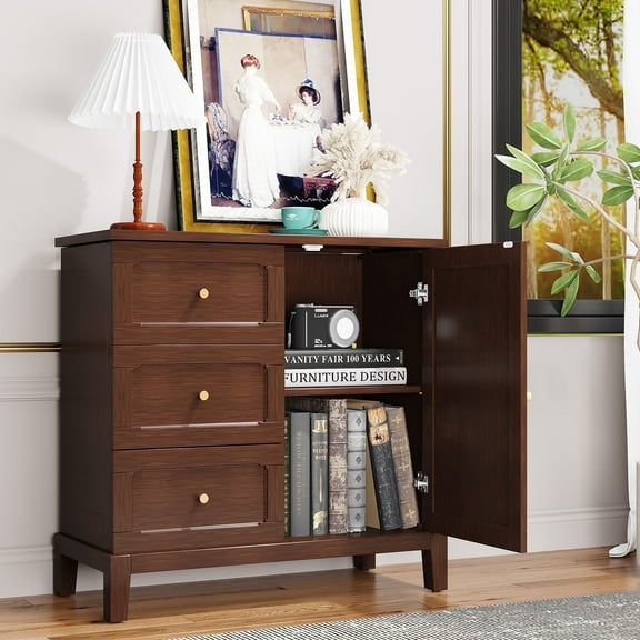 HLR Modern 32"W Accent Cabinet 3 Drawers & Door, Wood Sideboard with Storage for Living Room, Brown