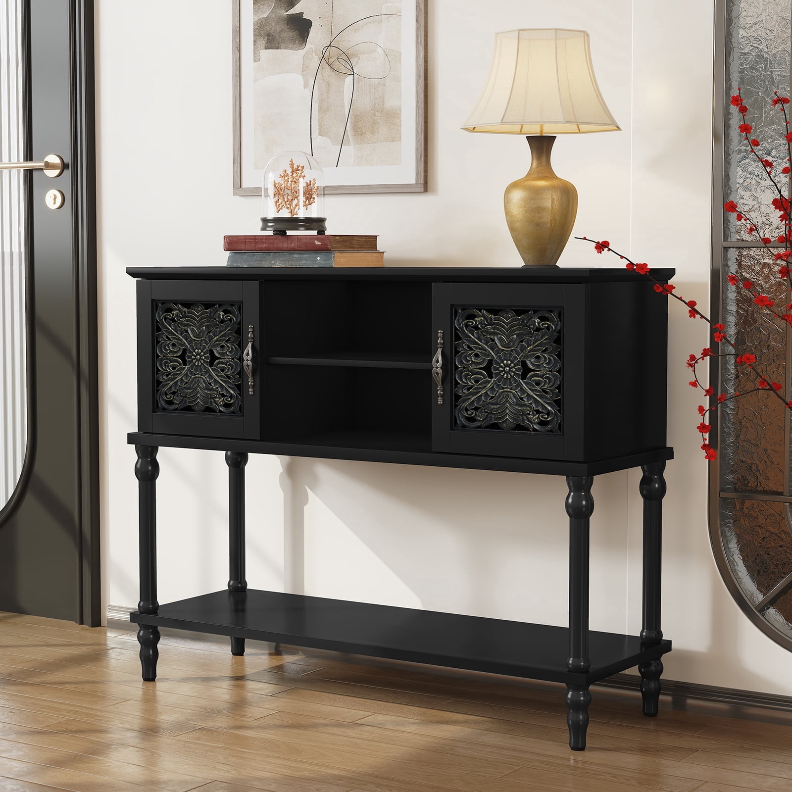 HLR Modern 42" Console Table with Storage, Entryway Table Wood Behind Couch with Shelves for Living Room, Black