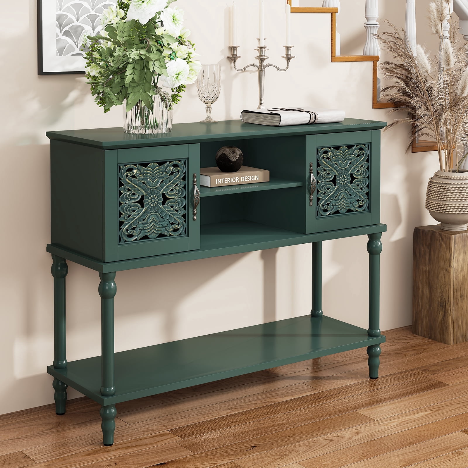 HLR Modern 42" Console Table with Storage, Entryway Table Wood Behind Couch with Shelves for Living Room, Green