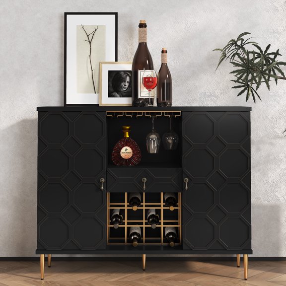 HLR Modern 47.2" Wine Bar Cabinet with Drawer, Geometric Door Buffet Sideboard Coffee Bar for Kitchen, Black
