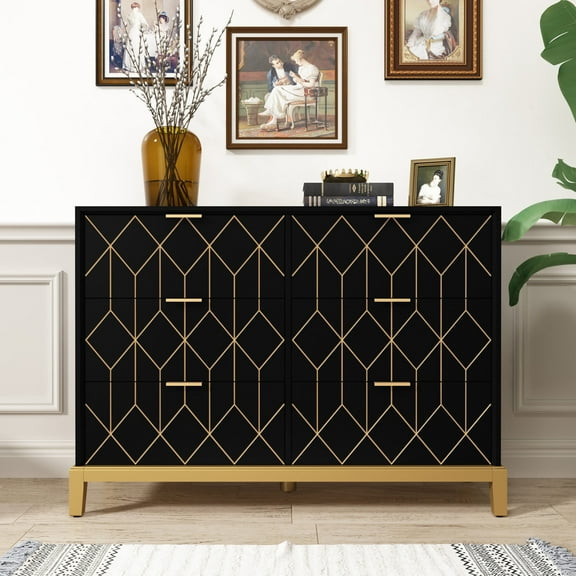 HLR Modern 6 Drawers Dresser, Black Wood Dresser for Bedroom Wide Chest of Drawers, Storage Double Dressers Organizer for Bedroom, Living Room