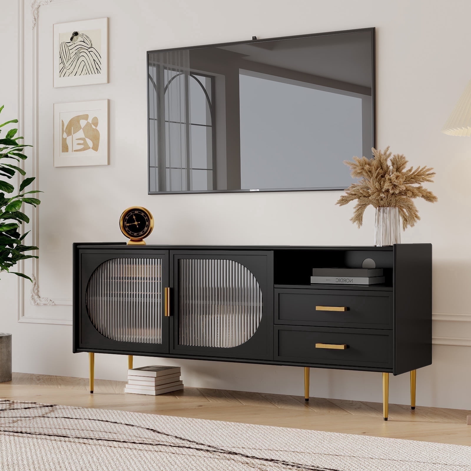 HLR Modern 60” TV Stand for 65-inch TVs with Glass Door & Drawers, Entertainment Center with Storage, Living Room, Black