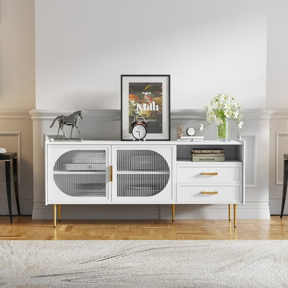 HLR Modern 60” TV Stand for 65-inch TVs with Glass Door & Drawers, Entertainment Center with Storage, Living Room, White