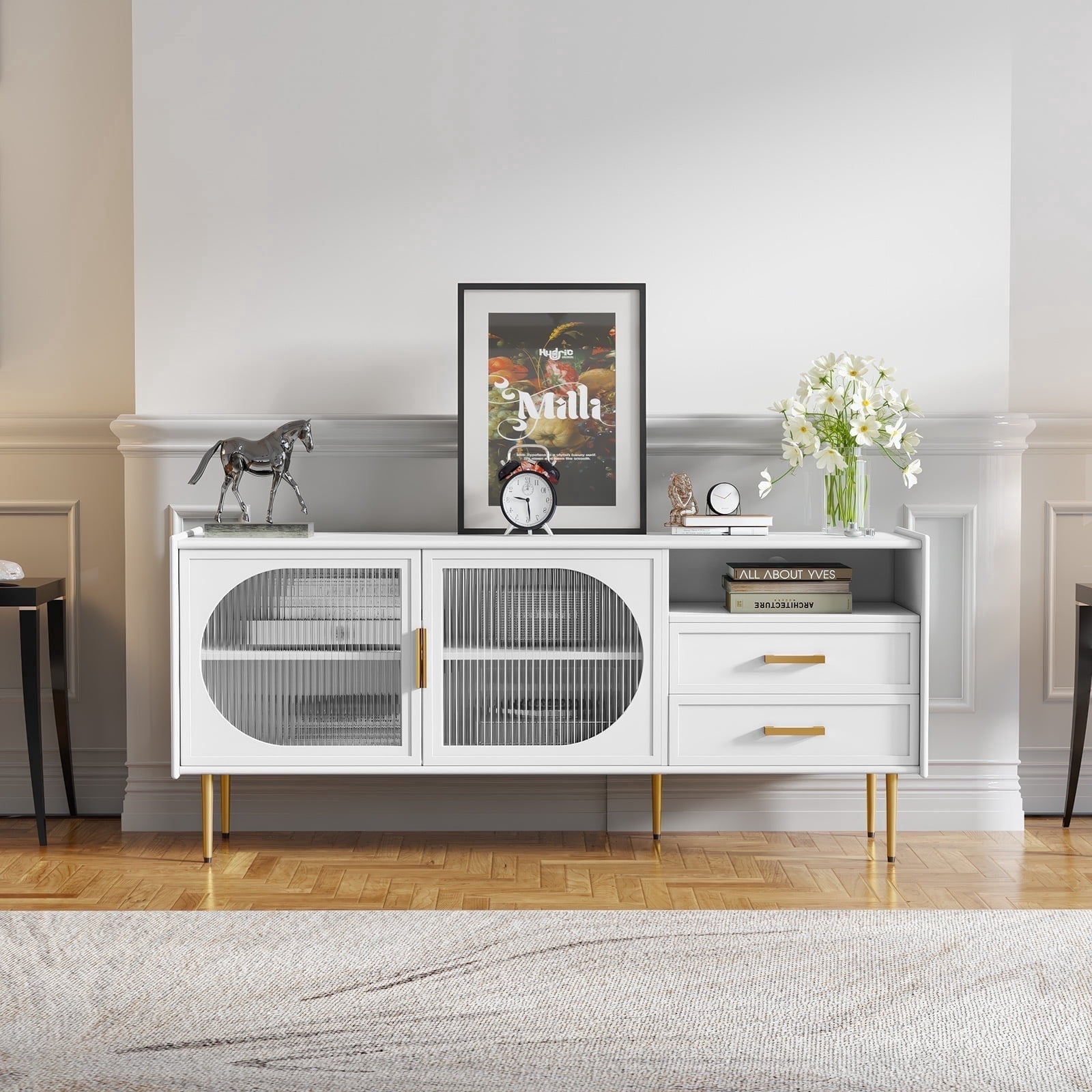HLR Modern 60” TV Stand for 65-inch TVs with Glass Door & Drawers, Entertainment Center with Storage, Living Room, White